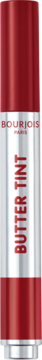 Czerwone masełko do ust Bourjois Butter Tint nr 04 Rougemelt w pionowej tubce, ze srebrnym paskiem.