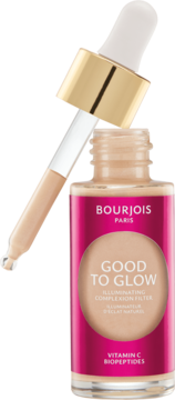 Bourjois Good to Glow nr 01, rozświetlacz z Vitaminą C w szklanej butelce z pipetą, lekko pod kątem.