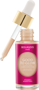 Bourjois Good to Glow filtr rozświetlający w szklanej butelce, jasny odcień, uniesiony zakraplacz.