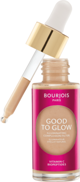 Bourjois Good to Glow iluminator nr 02, butelka z różową etykietą i otwartym zakraplaczem, zbliżenie.