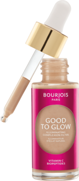 Bourjois Good to Glow multifunkcyjny rozświetlacz w szklanej butelce z różową etykietą i złotym zakraplaczem.
