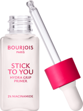 Bourjois Stick to you Hydra Grip Primer, transparentna butelka z różową pipetą, baza z niacynamidami.