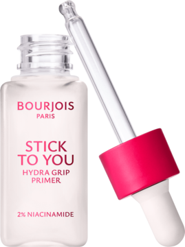 Bourjois Stick To You Hydra Grip, nawilżająca baza z niacynamidem, butelka z różowym kroplomierzem, z przodu.