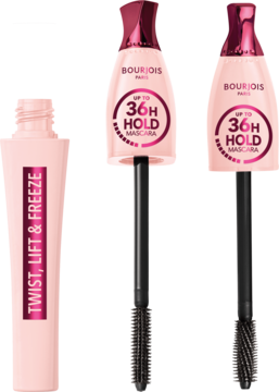 Bourjois Twist, Lift & Freeze 01 Black, podkręcający tusz, różowa tubka z dwoma szczoteczkami i elementem skrętnym.