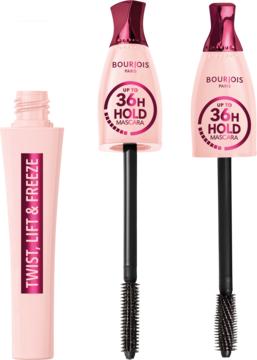 Tusz Bourjois Twist, Lift & Freeze, różowy, z otwartą tubką i dwiema szczoteczkami 2w1. Widok z przodu.