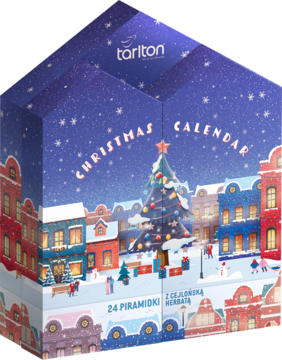 Tarlton Christmas Calendar, kalendarz adwentowy z 24 herbatami, motyw zimowego miasteczka ze choinką, widok pod kątem.