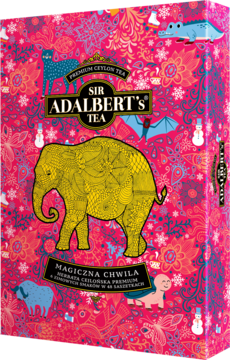 Sir Adalbert's Magiczna Chwila, różowe pudełko herbat, złoty słoń, zimowe zwierzęta i śnieżynki, widok pod kątem.