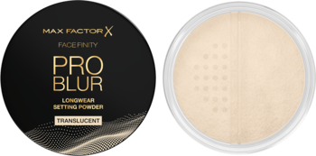Max Factor Pro Blur translucent setting powder. Left: closed black compact. Right: open container with powder & sifter.