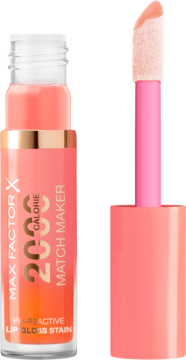 Max Factor X PH-reactive błyszczyk Match Maker w transparentnej tubce, pomarańczowo-różowy, z wyjętym aplikatorem.