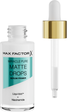 Max Factor Miracle Pure Matte Drops Serum Primer z Niacynamidem, biała butelka, odkręcony zakraplacz, widok z przodu.