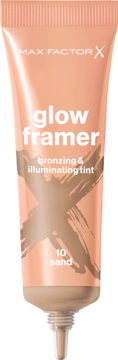 Max Factor X Glow Framer: brązująco-rozświetlający tint w brzoskwiniowej tubce z beżowym X, odcień 10 Sand.
