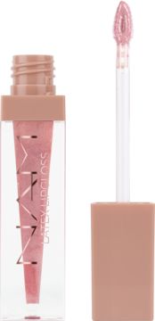 Otwarty błyszczyk NAM Latex Lipgloss Pearly Rose, brokatowy, aplikator obok przezroczystej butelki na czarnym tle.