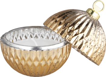 Złota świeca ozdobna w otwartym pojemniku, w kształcie karbowanej bombki świątecznej. W środku biały wosk.