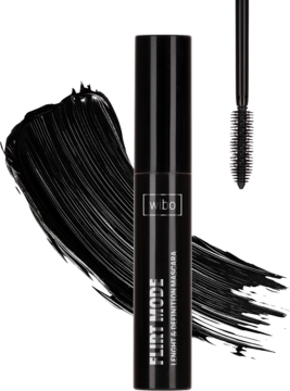 Czarny tusz Wibo Flirt Mode wydłużający, tubka z widocznym aplikatorem i smugą tuszu.