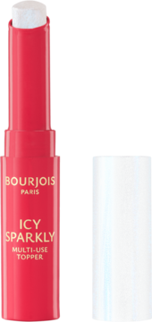 Bourjois Icy Sparkly wielofunkcyjny topper w różowym sztyfcie, z białym, iskrzącym aplikatorem, widok z przodu.