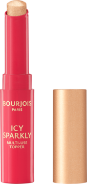 BOURJOIS Icy Sparkly Multi-Use Topper 02 Aurora Glow, złoty, błyszczący sztyft w różowej tubce, otwarty z nakrętką obok.