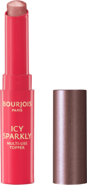 BOURJOIS Icy Sparkly 03 Cosmic Copper, różowo-miedziany topper w sztyfcie, otwarty, obok metaliczna nakładka.