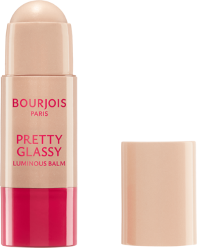 BOURJOIS Pretty Glassy rozświetlacz w sztyfcie, beżowy z różowym kolorem produktu, obok zdjęta nakrętka.