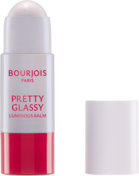 BOURJOIS Pretty Glassy Luminous Balm 01 Lilac Fizz, rozświetlacz w białym sztyfcie, obok biała skuwka.