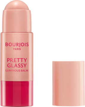 BOURJOIS Pretty Glassy rozświetlacz w sztyfcie nr 03 Beige Bliss. Różowo-brzoskwiniowy stick z otwartą skuwką.