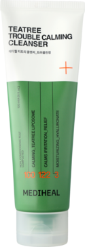 Tubka Mediheal Teatree Trouble Calming Cleanser, biało-zielona, z czarnym napisem i pomarańczowym plusem, widok z przodu.