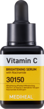 Mediheal Vitamin C Brightening Serum z niacynamidem w czarnej butelce z żółtą etykietą, widok z przodu.