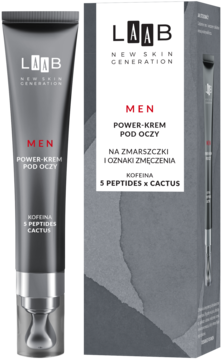 AA LAAB Men Power-Krem pod oczy z kofeiną w ciemnej tubce i jego biało-szare, geometryczne opakowanie.