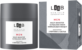 AA LAAB Men Multi-Booster ultralekki krem nawilżająco-kojący w szarym słoiku airless i pudełku, widok z przodu.