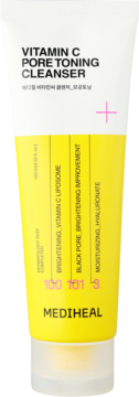 Żółta tubka Mediheal Vitamin C Pore Toning Cleanser, widok z przodu. Formuła rozjaśniająca i nawilżająca, redukująca pory.