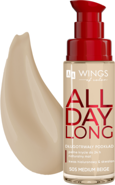 AA WINGS OF COLOR All Day Long ,podkład do twarzy, nr 505 Medium Beige,kompozycja-2