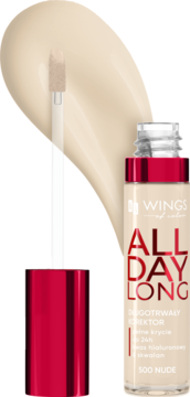 AA Wings of Color All Day Long kryjący korektor w płynie, odcień 500 Nude, z aplikatorem i dużą kroplą produktu.