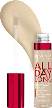 AA Wings of Color All Day Long, 501 Vanilla. Beżowy korektor w szklanej butelce z aplikatorem i widoczną próbką.