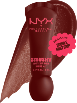 Ciemnoczerwony NYX Smushy Matte Lip Balm o zapachu Double Mint Chip, z matowym wykończeniem, ze swatch'em.