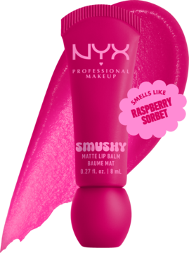 NYX Smushy Matte Lip Balm w tubce w kolorze fuksji, z tekstem "SMELLS LIKE RASPBERRY SORBET", na różowym tle.