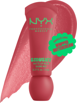 NYX Smushy Matte Lip Balm, koralowy, z napisem 'WHIPPED BUTTERCREAM', na tle matowej próbki koloru.