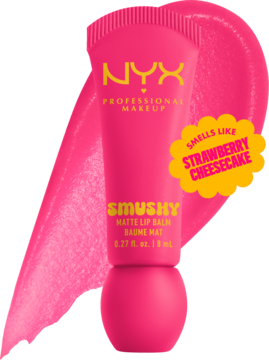 Różowy balsam NYX Smushy Matte Lip Balm, zapach truskawkowy, z przodu, na jaskrawej różowej smudze koloru.