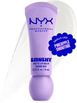 NYX Smushy Matte Lip Balm w lawendowej tubce z okrągłą nakrętką, z etykietą "Pineapple Smoothie". Widok z przodu.