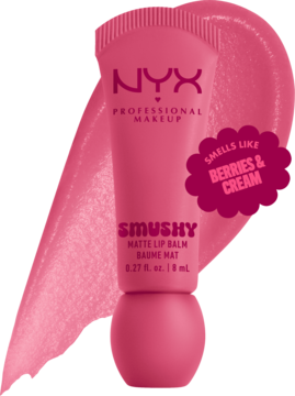 Różowy matowy balsam do ust NYX Smushy, tuba ze swatch'em, pachnie jagodami i śmietanką.