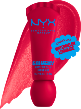Różowy NYX Smushy Matte Lip Balm o zapachu arbuzowej lemoniady na smudze produktu, widok z przodu.