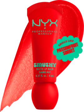 NYX Smushy Matte Lip Balm czerwony, w tubie, zapach Passionfruit Sorbet, na tle intensywnej smugi koloru.