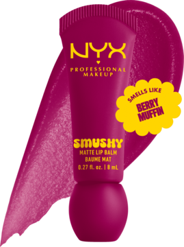NYX Smushy Matte Lip Balm, matowy balsam w tubce magenta, z dymkiem 'Berry Muffin' i smugą koloru.