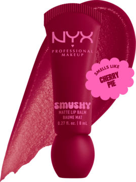 Matowy balsam NYX Smushy Matte Lip Balm w ciemnoczerwonej tubce z hasłem 'Smells like Cherry Pie' i swatche.