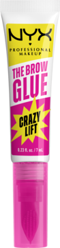NYX The Brow Glue Crazy Lift, biała tubka z różowym aplikatorem, widok z przodu, pojemność 7ml.