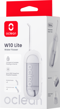 Irygator wodny do zębów Oclean W10 Lite, w białym opakowaniu z czerwonym logo, widok z przodu.