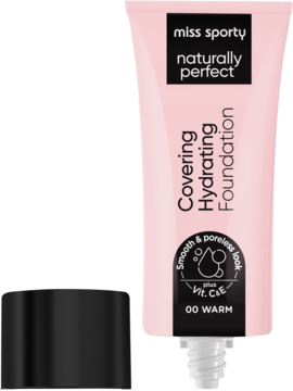 Miss Sporty Naturally Perfect Covering Hydrating Foundation 00 Warm w różowej tubce, widok z przodu, czarna nakrętka.