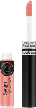 Otwarty Miss Sporty Naturally Perfect Lip Serum, błyszczyk-serum w kolorze nude z aplikatorem, zawiera kwas hialuronowy.