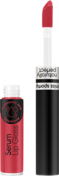 Miss Sporty Naturally Perfect Lip Serum, błyszczyk-serum z kwasem hialuronowym, aplikator obok tubki.