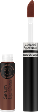 Błyszczyk-serum Miss Sporty Naturally Perfect z kwasem hialuronowym i skwalanem, brązowy, otwarty z aplikatorem.