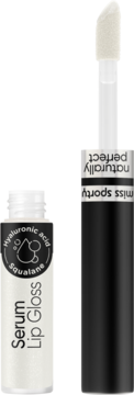 Błyszczyk-serum Miss Sporty Naturally Perfect z kwasem hialuronowym, otwarty, z wysuniętym aplikatorem.