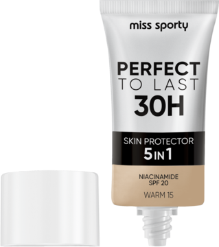 Miss Sporty Perfect to Last 30H 5in1 matujący podkład Warm 15 w beżowej tubce, obok zdjęta biała nakrętka, widoczna pompka.
